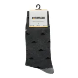 Medias tipo crew de Caterpillar, color gris oscuro con estampado de triángulos negros y puntera en gris claro.