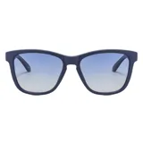 Lentes de sol unisex con montura cuadrada azul y lentes espejadas con filtro UV400 y polarizadas. Fabricadas con plástico reciclado.