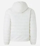 Campera ultra leve Blue Steel, confeccionada en poliamida, con diseño de gajos, capucha, cierre frontal por cremallera, bolsillos laterales con botones y elástico en los puños.