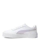 Championes Puma Carina 3.0 de mujer, color blanco con detalles en lila y logo dorado. Inspirados en la moda playera californiana de los años 80, con suela de plataforma y plantilla SOFTFOAM+ para mayor amortiguación.