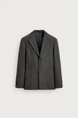 Blazer de corte regular fit color gris oscuro, confeccionado en tejido con lana, con cuello de solapas de muesca, bolsillos de parche en la cadera y cierre frontal de dos botones.