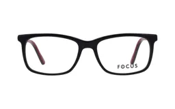 Armazón de anteojos Focus Premium modelo 4182, de diseño rectangular con frente en color negro y patillas con detalle interno en color rojo.