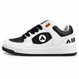 Zapatillas Airwalk Throlle estilo skate, de color blanco con detalles en negro y naranja, cordones anchos negros y suela de goma plana.
