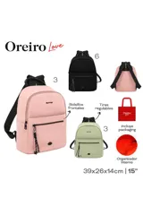 Mochila Las Oreiro color verde agua, con logo de la marca en la parte superior y un aplique de labios en la parte inferior. Cuenta con un bolsillo frontal con cierre y un llavero decorativo de cuerda.