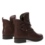 Botas de caña media marca Bottero, confeccionadas en cuero negro con interior forrado en corderito sintético color crema. Presentan una tira decorativa con hebilla lateral y suela plana con pequeño taco.