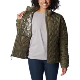 Campera puffer Columbia modelo Delta Ridge II, color verde oliva. Presenta construcción térmica sin costuras HeatSeal, cierre frontal completo, cuello alto con protector de barbilla y bolsillos laterales con cierre. Incluye tecnología Omni-Heat reflectante y aislamiento de plumón.