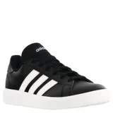 Championes urbanos Adidas Grand Court Base 2.0, color negro con las tres tiras características en blanco y suela de goma blanca. Diseño clásico con cordones.