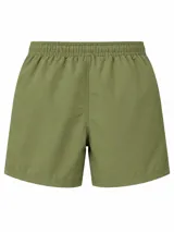 Short de baño negro con cintura elástica y cordón ajustable blanco. Cuenta con bolsillos laterales y pequeño aplique redondo en el borde inferior.