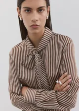 Blusa de manga larga con estampado de rayas verticales en tonos marrones y crema. Presenta un cuello alto con una corbata integrada del mismo tejido y cierre frontal de botones ocultos.