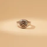 Anillo tipo sello fabricado en plata 925 con aplique central en oro 9k, presentando el emblema de técnico prevencionista grabado en relieve sobre una base texturizada.