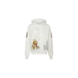 Hoodie blanco de Travis Scott de la gira Utopia Circus Maximus 2023, con capucha, bolsillo tipo canguro y gráficos estampados de alas y texto en la parte frontal y mangas.