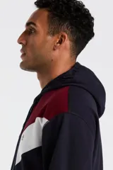 Hoodie de corte regular con diseño de bloques de color en azul marino, blanco y bordó. Presenta capucha con cordones ajustables, bolsillo tipo canguro frontal y logo bordado de Original Penguin en el pecho.