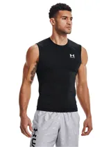 Musculosa de compresión Under Armour modelo HeatGear, color negro, con diseño ergonómico sin mangas, cuello redondo y logo de la marca estampado en el pecho. Cuenta con paneles de malla estratégicos para mayor ventilación y tejido de secado rápido.
