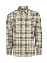 Camisa de manga larga con estampado de cuadros en tonos beige, verde y naranja. Presenta cuello clásico, cierre frontal con botones y un bolsillo en el pecho con el logo de la marca bordado.