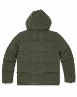 Campera puffer con capucha, confeccionada en pana de textura acanalada color verde militar. Presenta cierre frontal con botones a presión y logo de la marca bordado en el pecho.