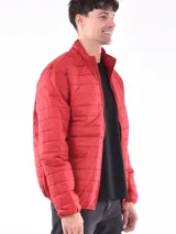 Campera acolchada de diseño ligero con cierre frontal completo y cuello alto. Presenta costuras horizontales y puños elásticos.