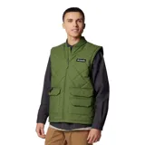 Chaleco acolchado Columbia de color verde oliva, con diseño de rombos, cierre frontal completo, cuello tipo bomber y múltiples bolsillos frontales funcionales con solapa y anilla en D.