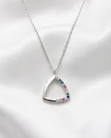 Collar de plata 925 con cadena fina y dije en forma de triángulo calado, decorado con circonias multicolor en uno de sus lados.