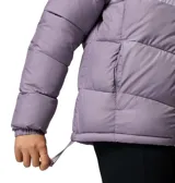 Campera puffer Columbia modelo Puffect II Colorblock, con diseño de bloques de color en tonos negro y lila, cuello alto, cierre frontal y bolsillos laterales con cremallera.