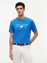Remera de manga corta y cuello redondo de Tommy Hilfiger, confeccionada en puro algodón de color azul. Presenta un estampado con el logo de la marca y la inscripción "American Classics" en el pecho.