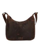 Cartera tipo hobo de cuero natural color marrón con acabado desgastado. Presenta laterales con diseño en relieve de motivos florales, compartimento principal con cierre de cremallera y logo de la marca grabado en una placa de cuero en la parte inferior frontal.