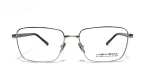 Armazón de anteojos Linea Roma modelo 113, con marco metálico plateado de forma rectangular y acabado platinado.