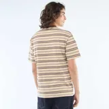 Remera de manga corta con diseño de rayas horizontales en tonos beige, marrón y celeste, cuello redondo en color marrón oscuro y corte estándar.