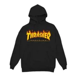 Canguro negro con capucha y bolsillo frontal tipo canguro. Presenta el logo icónico de Thrasher Magazine en el pecho con diseño de llamas en tonos amarillos, naranjas y rojos.