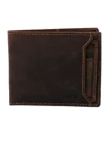 Billetera plegable de cuero natural color marrón con costuras visibles y tarjetero extraíble. Cuenta con múltiples ranuras para tarjetas, ventana de identificación y protección RFID.