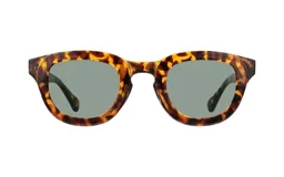 Lentes de sol de acetato con montura redonda en patrón carey (tortoise) y cristales de color verde grisáceo.