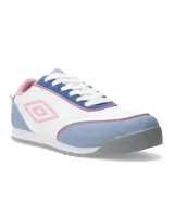 Championes urbanos Umbro modelo Lane Lady, color blanco con detalles en celeste, azul y rosa. Presentan el logo de la marca en el lateral.