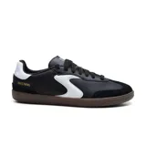 Championes Skechers Hotshot Pyke, color negro con detalles en blanco y suela marrón. Presentan capellada de cuero sintético, logo "S" en el lateral y plantilla Air-Cooled Memory Foam.