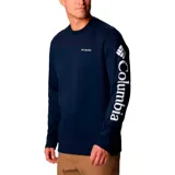 Buzo de cuello redondo marca Columbia, color azul marino, con logo de la marca estampado en el pecho y en la manga izquierda.