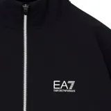 Campera deportiva EA7 Emporio Armani de color azul marino, con cierre frontal completo y cuello alto. Presenta franjas blancas en las mangas y el logo de la marca en el pecho.