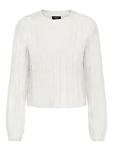 Sweater de punto con acabado brillante, cuello redondo y mangas largas. Presenta una textura acanalada vertical y un corte recto.