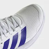 Championes de entrenamiento Adidas Dropset Base, color blanco con las icónicas tres tiras y detalles en violeta.