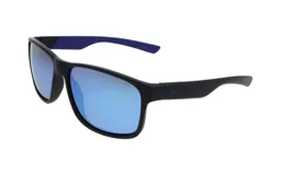Lentes de sol unisex, con montura rectangular de acetato negro y patillas azules con patrón geométrico. Lentes espejados color celeste.