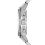 Reloj Armani Exchange modelo Banks con caja de acero plateado de 44mm y esfera negra con cronógrafos. Correa de acero inoxidable plateada. Resistente al agua hasta 50 metros.