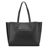 Cartera tipo shopper Guess modelo Griffin, color negro con textura granulada. Cuenta con cierre superior, asas dobles de hombro y placa triangular metálica con logo en el frente. Incluye un colgante decorativo con charms de flores y etiqueta de cuero sintético.