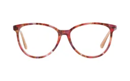 Armazón de acetato con forma de ojo de gato, color rojo con estampado abstracto en tonos rosados, marrones y blancos. Patillas color beige.