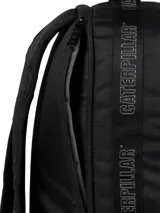 Mochila Cat modelo Explorer Advanced, color negro, con compartimento principal amplio, bolsillo frontal con organizador y bolsillos laterales de malla. Presenta detalles en cordón amarillo y logo reflectante.