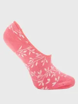 Calcetín invisible de corte bajo, color rosado con estampado de hojas blancas.
