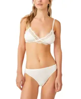 Bralette de diseño triangular confeccionado en tela suave, con detalles de encaje transparente y ribete de pestañas en los bordes.