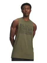 Musculosa deportiva verde oliva con sisas amplias y cuello acanalado. Presenta un estampado frontal en color negro con la frase 'BLOOD SWEAT RESPECT'.