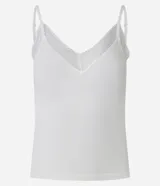 Blusa de pijama seamless color blanco de la marca Lov, confeccionada en poliamida con elastano. Presenta tirantes finos y detalle de encaje en el escote en V.
