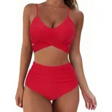 Bikini de dos piezas color fucsia. El top presenta un diseño cruzado en el frente con breteles finos ajustables, mientras que la bombacha es de tiro alto con detalle de frunces laterales.