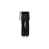 Pantalón de denim oscuro de corte recto y tiro medio, con cierre frontal de botones metálicos visibles, costuras en relieve a lo largo de las piernas y pequeña etiqueta con logo en el borde inferior.