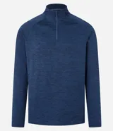 Remera deportiva térmica de hombre, color azul melange, de manga larga con corte raglán, cuello alto y cierre frontal parcial.