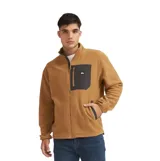 Campera de polar Quiksilver modelo Davo, color marrón con bolsillo frontal en contraste color gris oscuro y cierre completo.