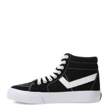 Championes de caña alta Pony modelo Garden, confeccionados en lona negra con detalles en blanco, incluyendo cordones, suela de goma y el logo lateral característico de la marca.